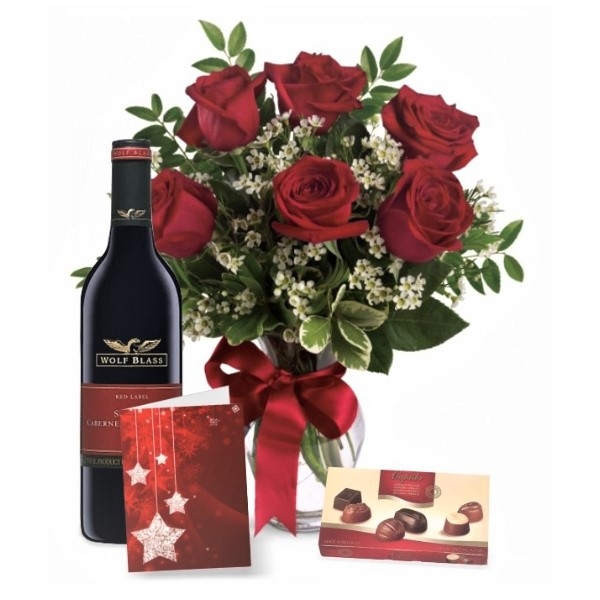 6 Red Roses, Chocolates, Card & Wine