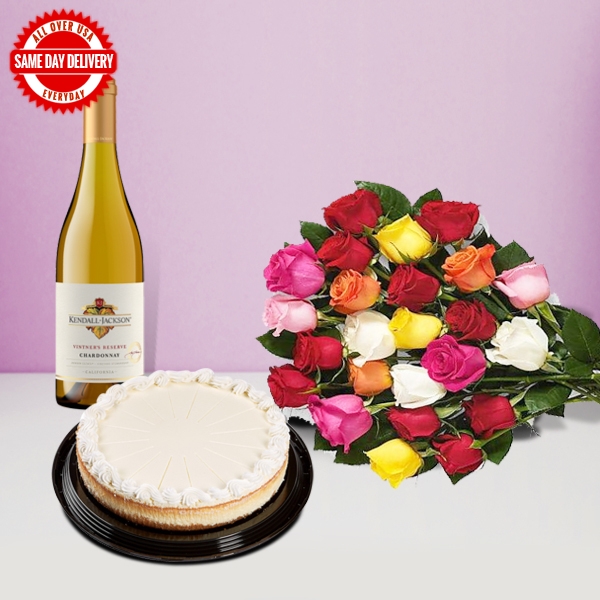 2kg Cheesecake, 24 Roses with White Wine