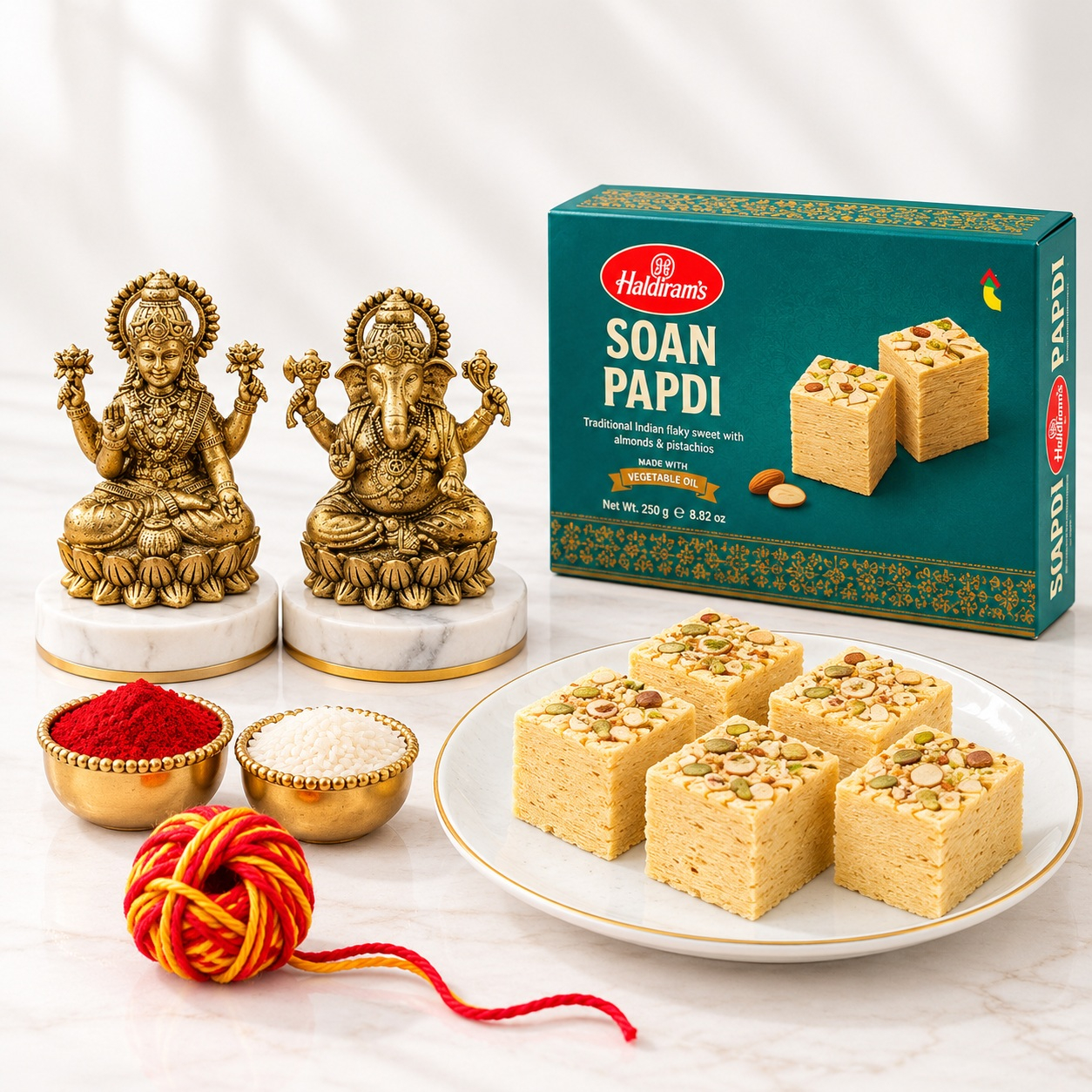 Haldiram Soan Papdi Box, Brass Lakshmi-Ganesha & Traditional Ritual Set
