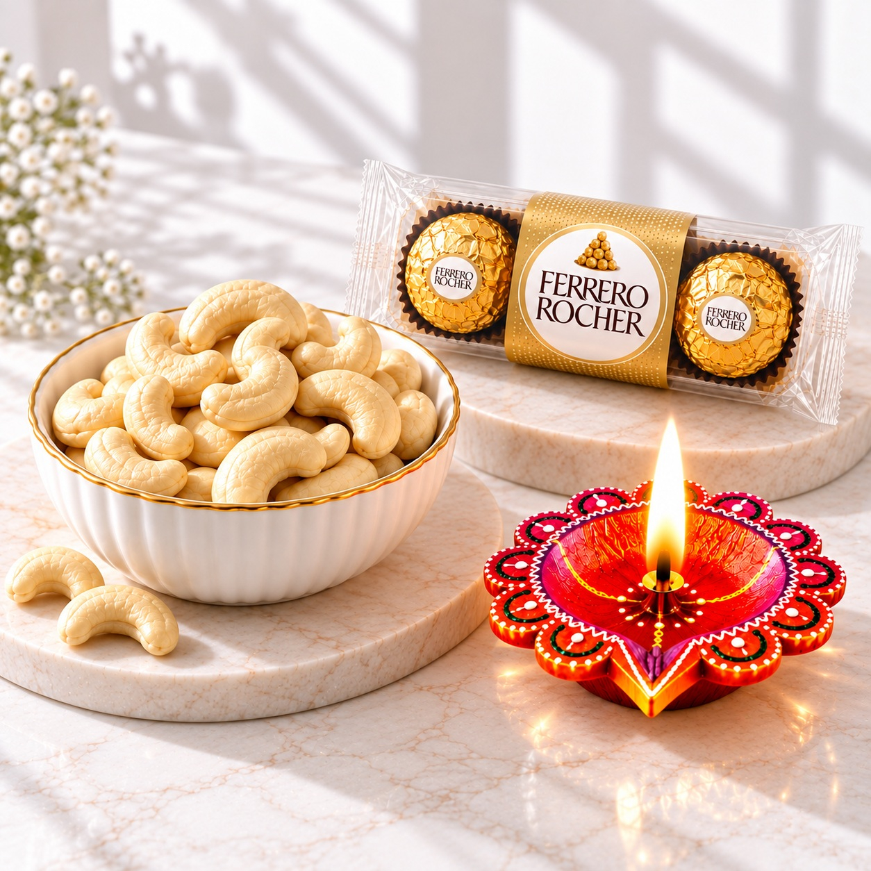 Cashew Bowl, Ferrero Rocher 3-Piece Pack & Decorative Diya Gift Set