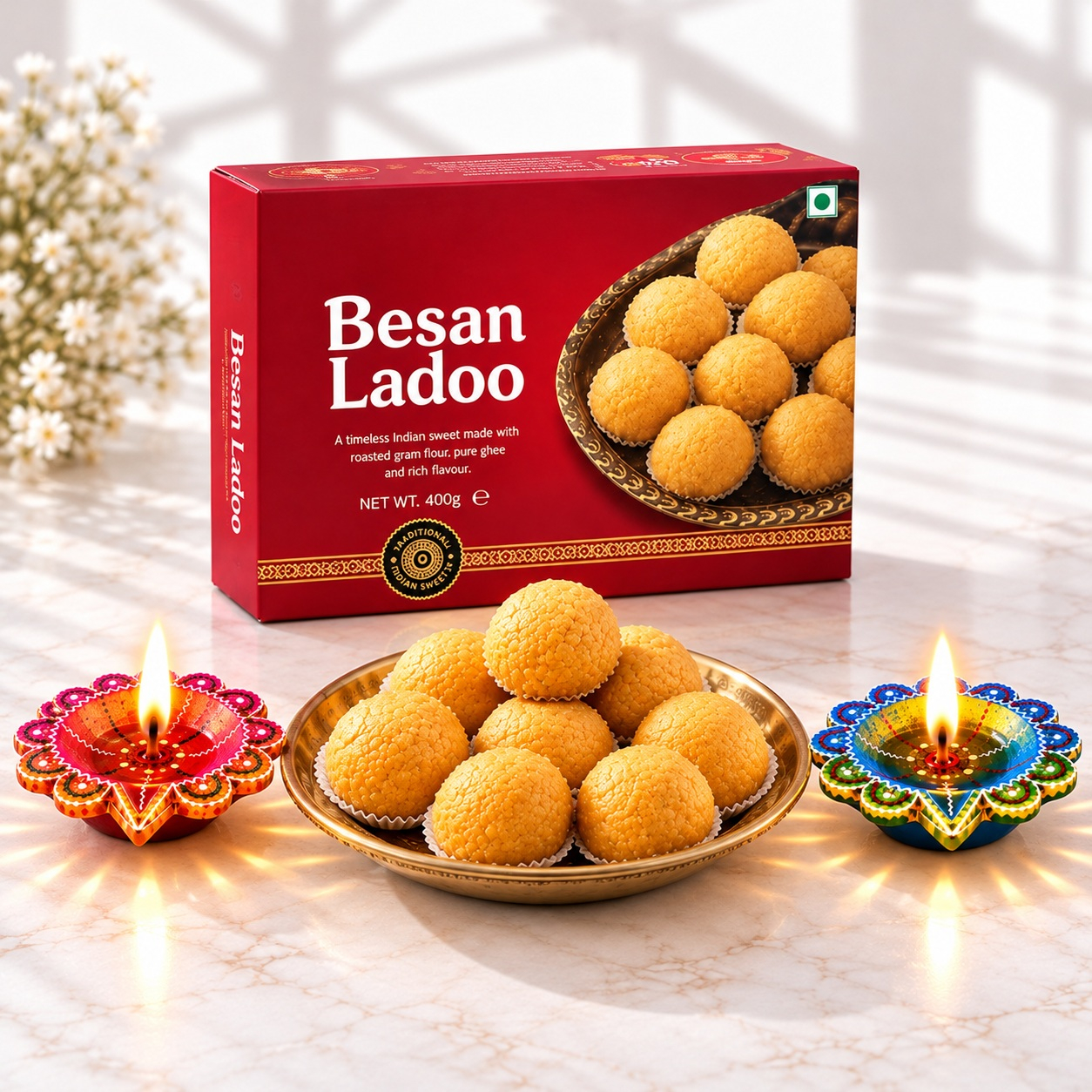 Besan Ladoo Box & Dual Decorative Diyas Festive Set