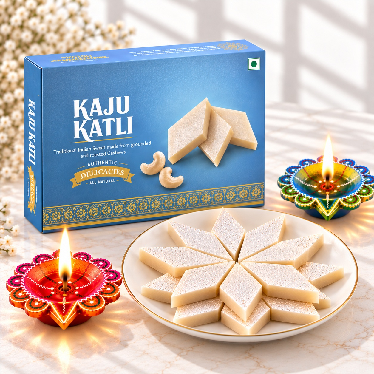Kaju Katli Box & Dual Decorative Diyas Festive Set