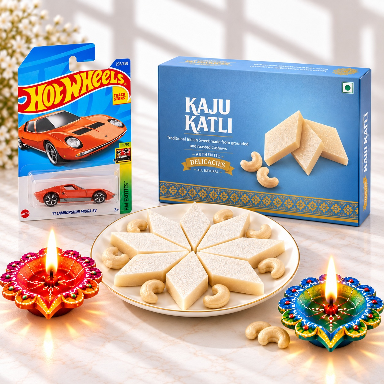 Kaju Katli Mithai, Hot Wheels Racing Car & Painted Diya Combo