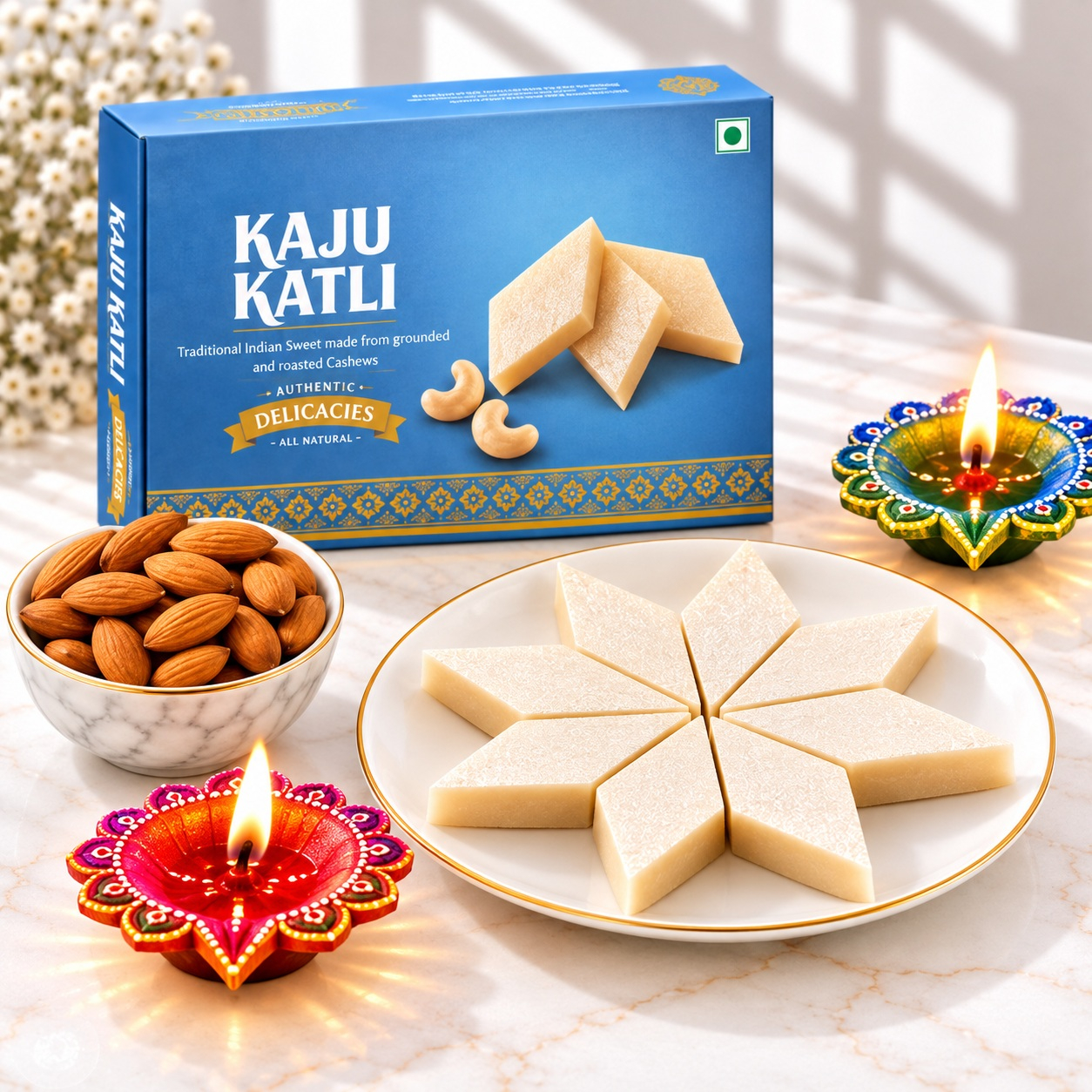 Kaju Katli Mithai, Almond Bowl & Painted Diya Combo