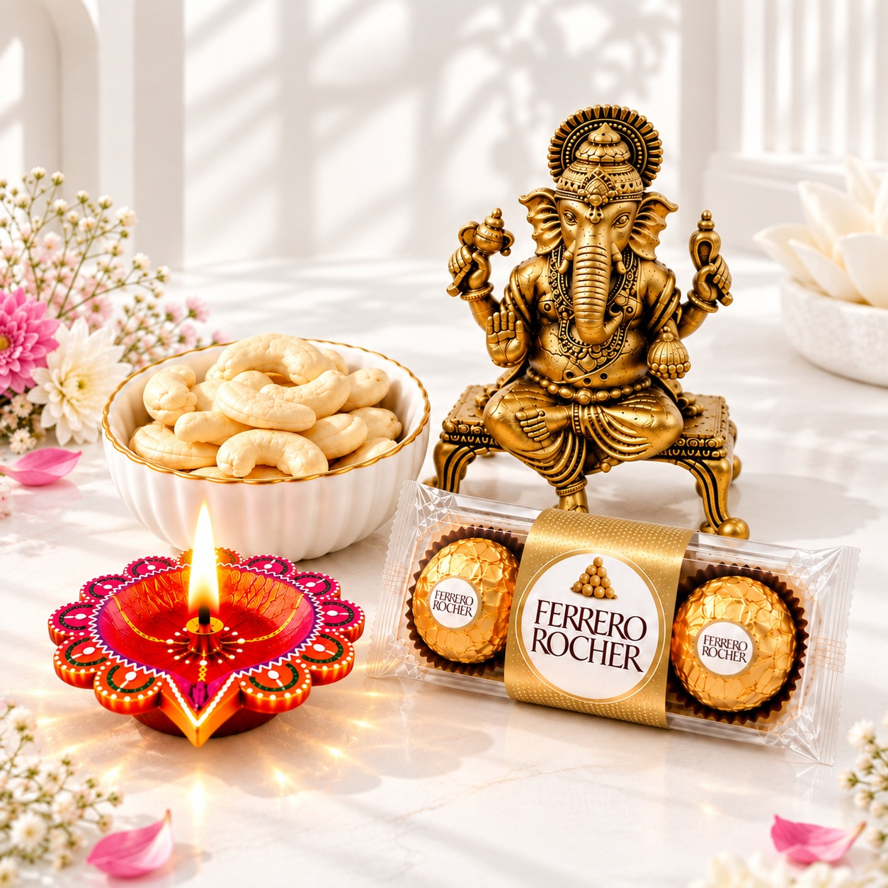 Brass Ganesha Idol, Ferrero Rocher Trio, Cashew Bowl