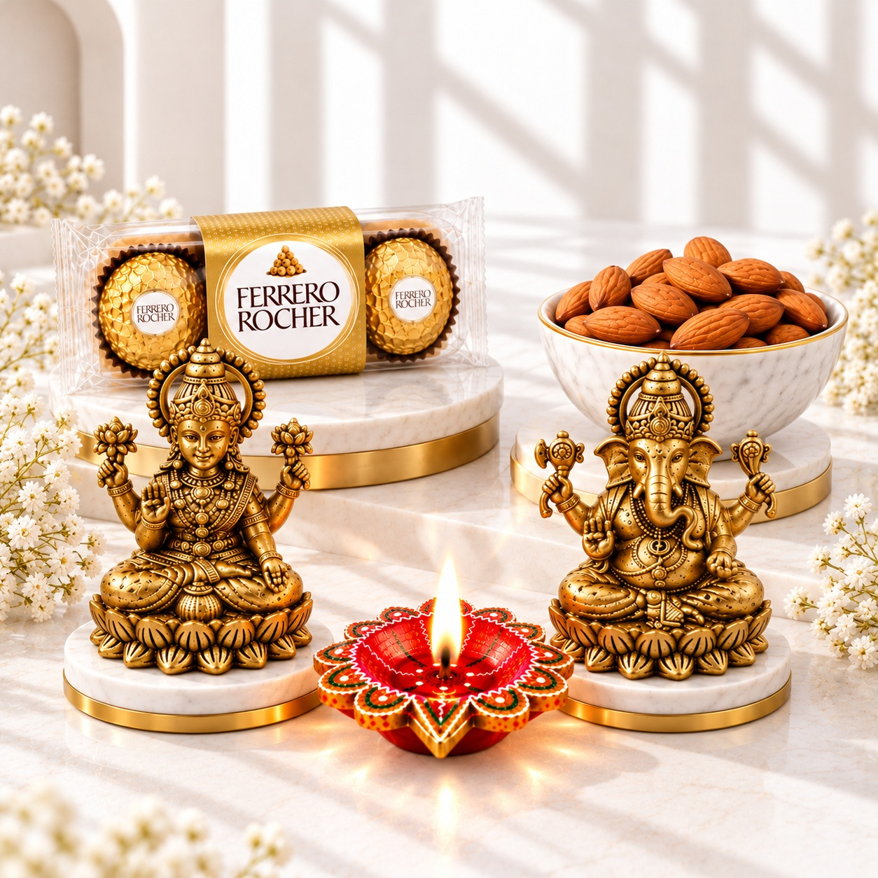 Brass Lakshmi & Ganesha Idols, Almond Bowl, Ferrero Rocher