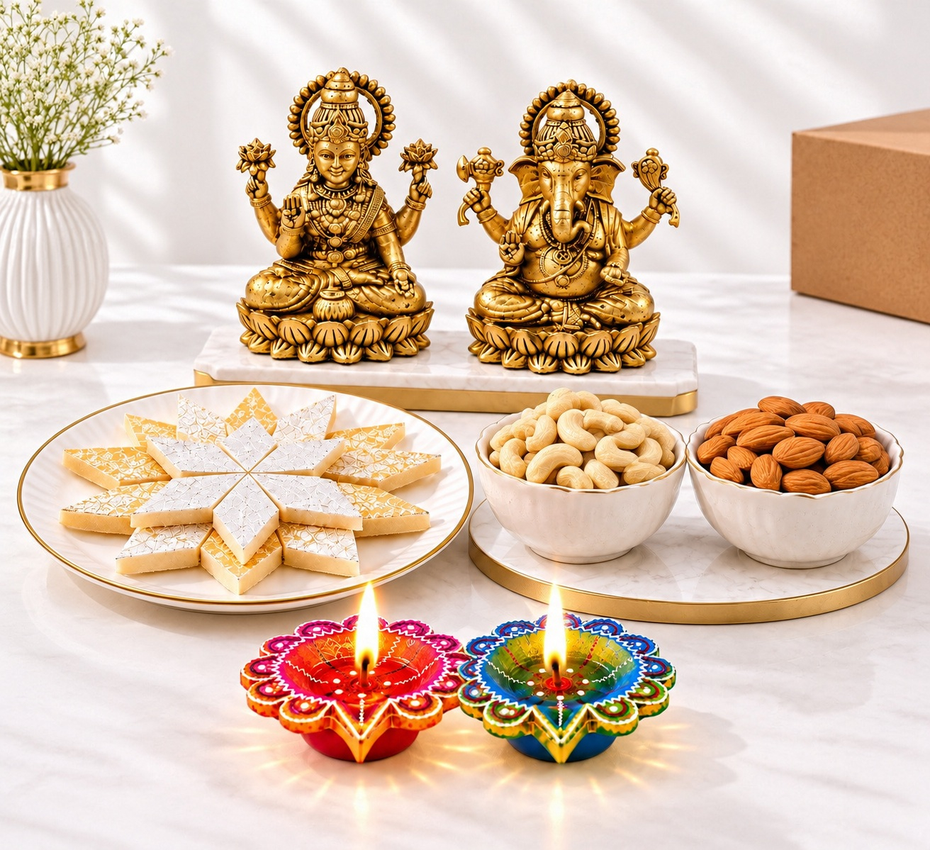 Brass Lakshmi & Ganesha Idols, Kaju Katli, Mixed Dry Fruits & Dual Diyas Set