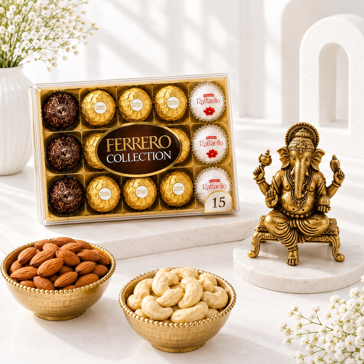 Brass Ganesha Idol with Ferrero Box, Almonds & Cashews