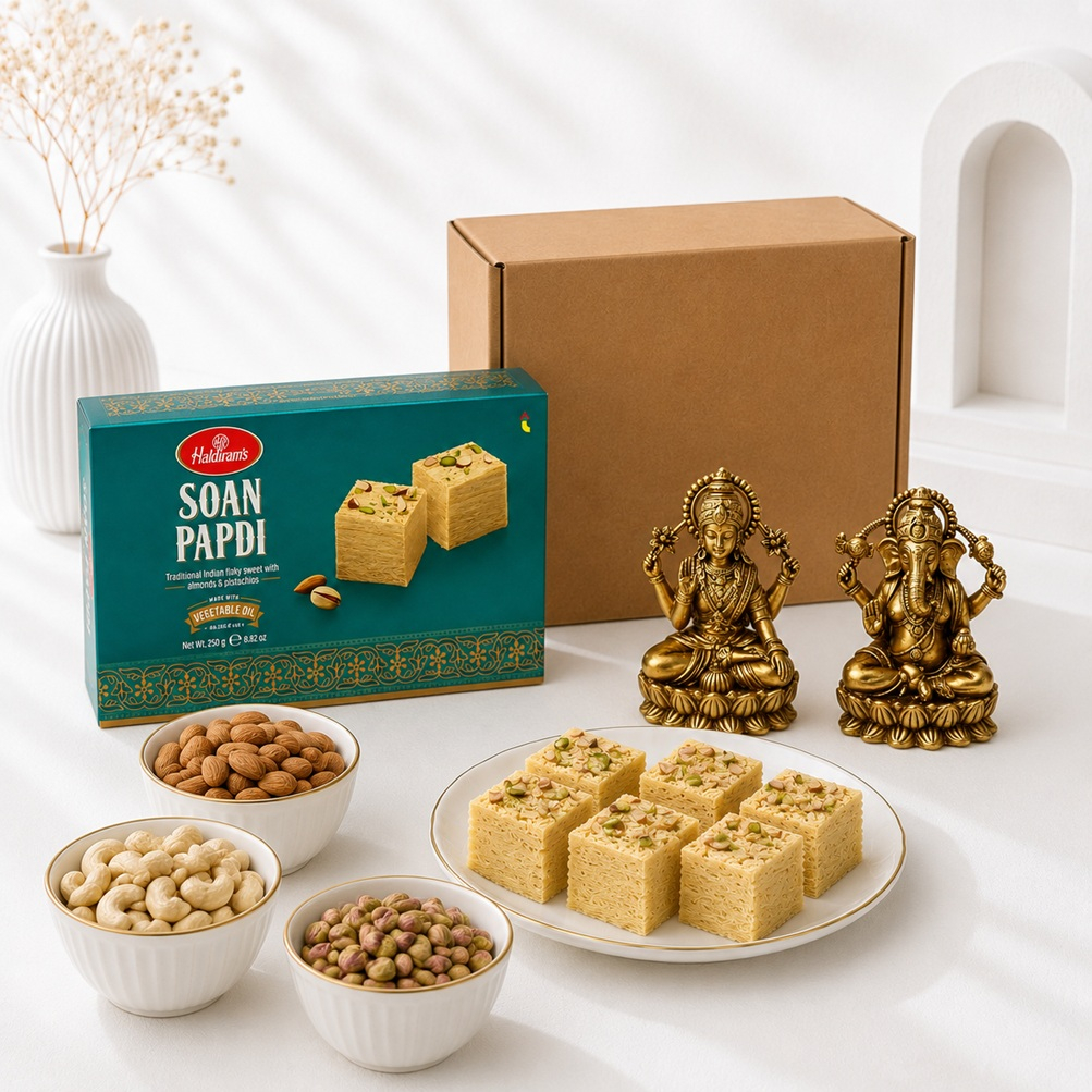 Haldiram Soan Papdi Sweets, Trio Nut Bowls & Brass Lakshmi-Ganesha Statues