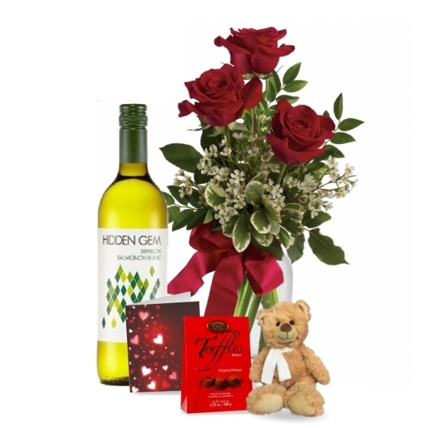 3 Red Roses and White Wine Combo