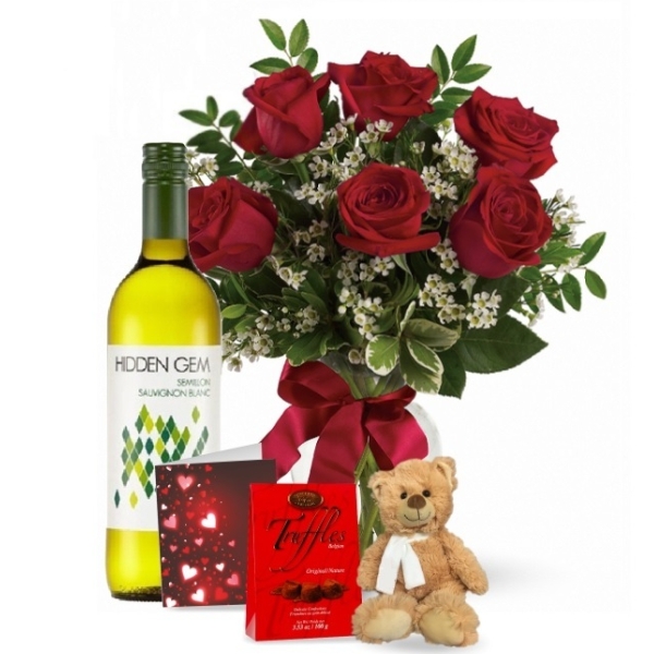 6 Red Roses and White Wine Combo