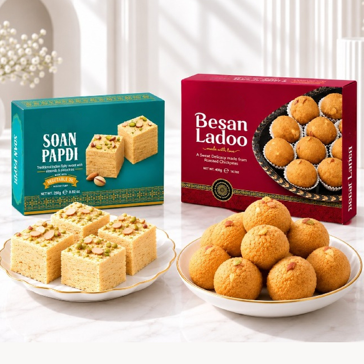 Aromatic Besan Ladoo & Pistachio Soan Papdi Box