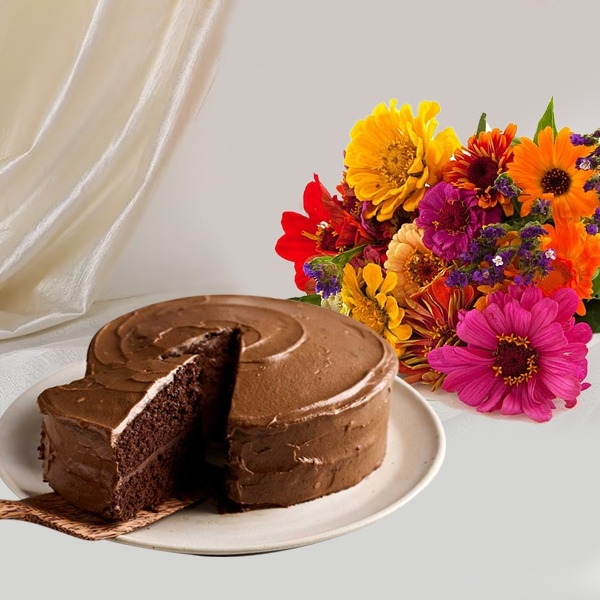 Mixed Flowers and Chocolate Cake