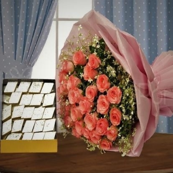 Kaju Katli and Pink Roses