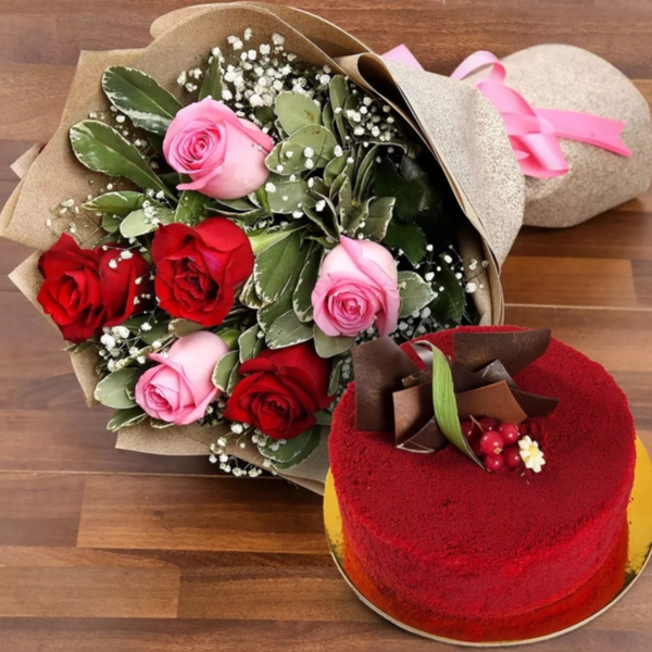 Pink and Red Roses with Red Velvet Cake