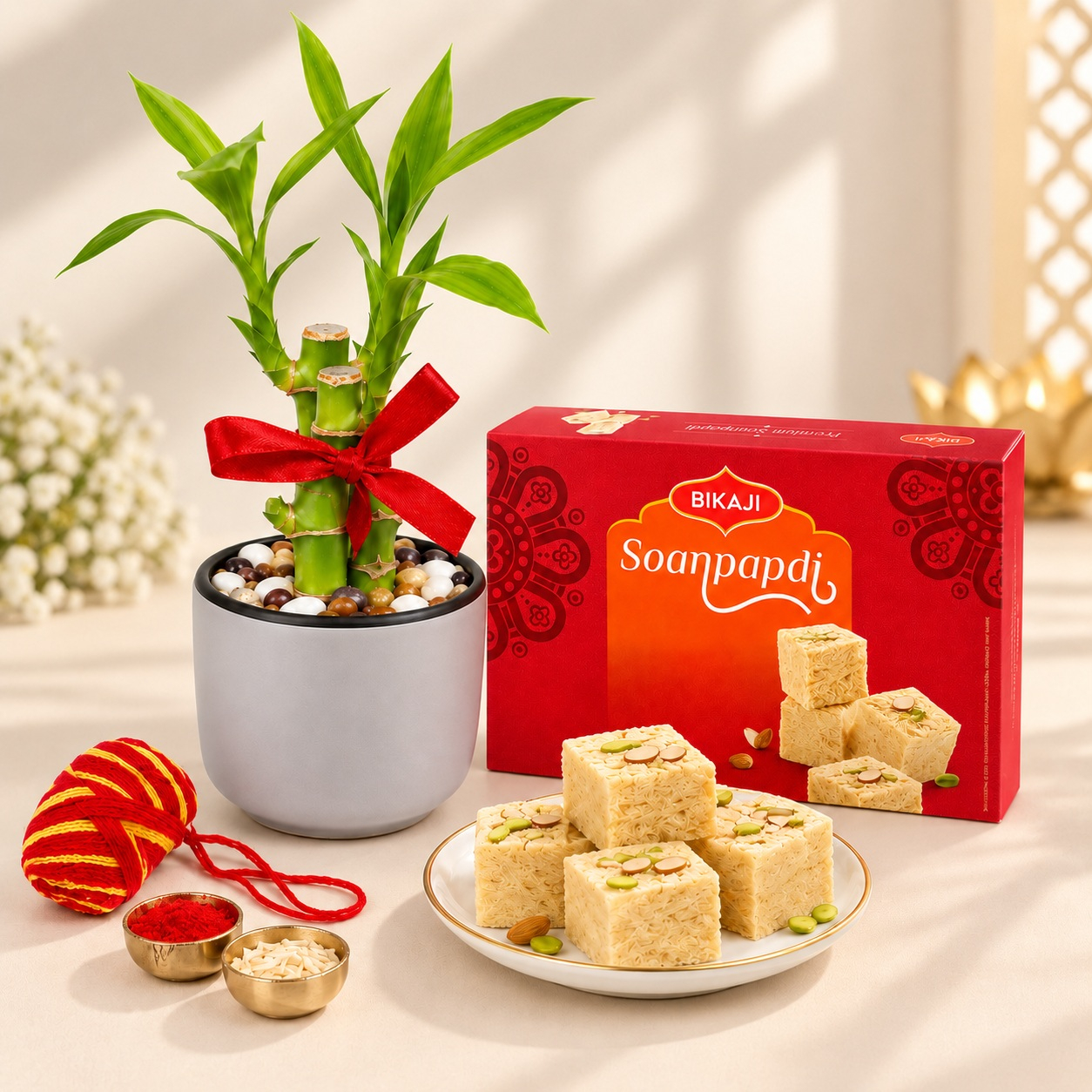 Festive Lucky Bamboo Pot with Bikaji Soan Papdi & Roli Chawal