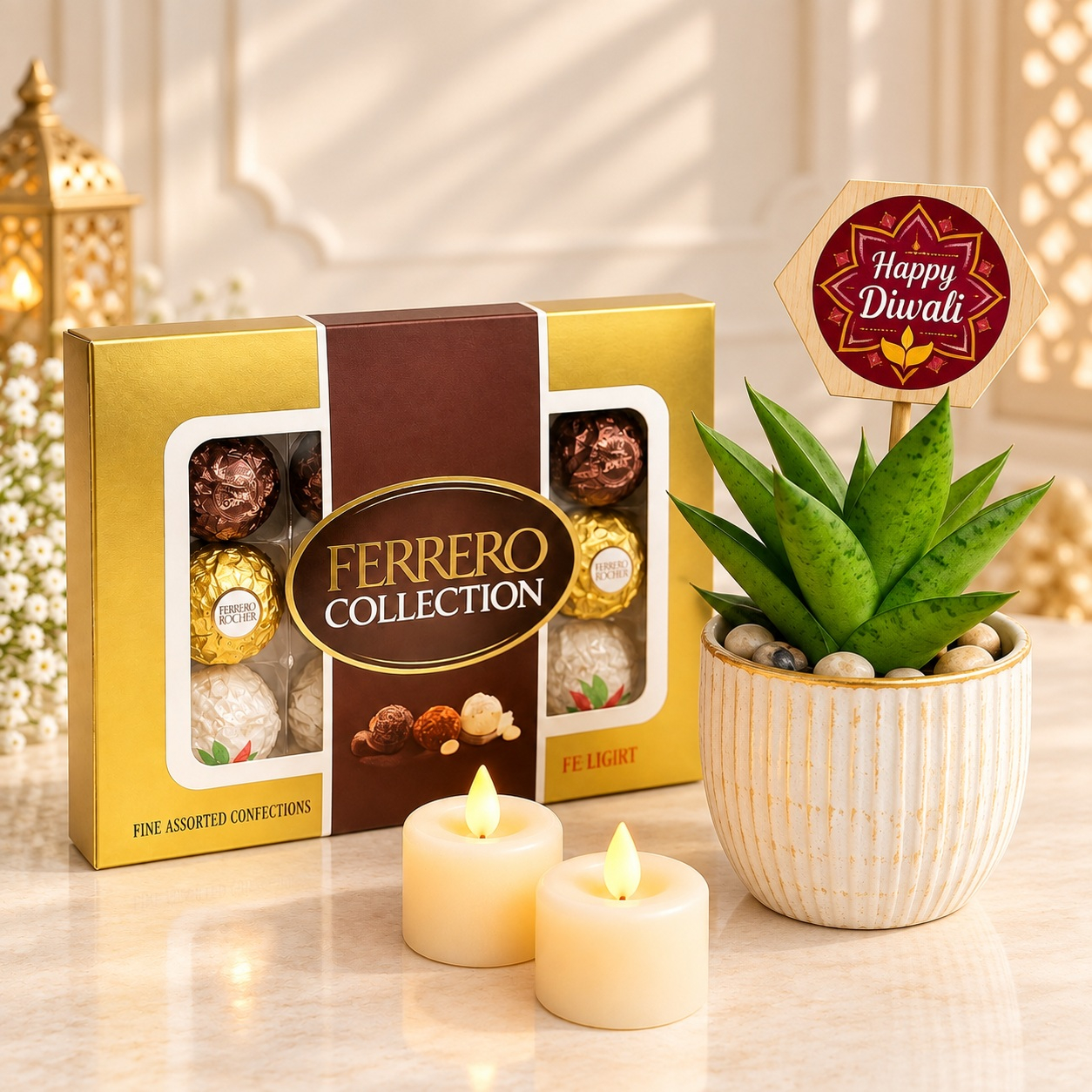 Festive Potted Succulent with Ferrero Collection Box & Candles