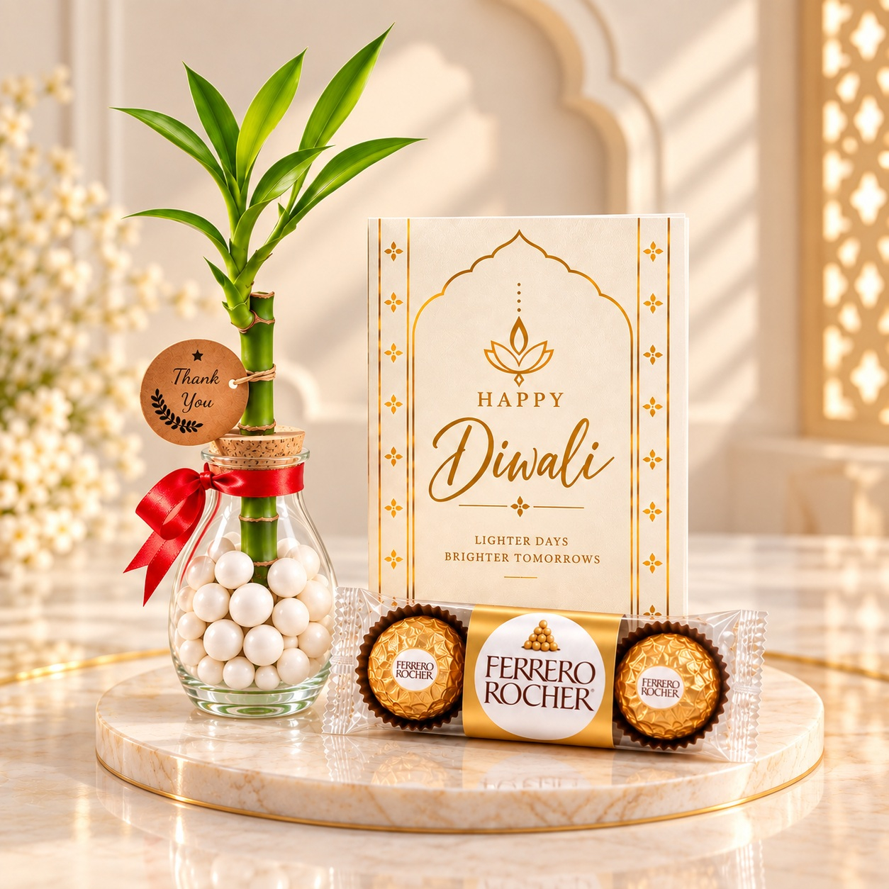 Diwali Lucky Bamboo Plant, Ferrero Rocher & Card Gift Set