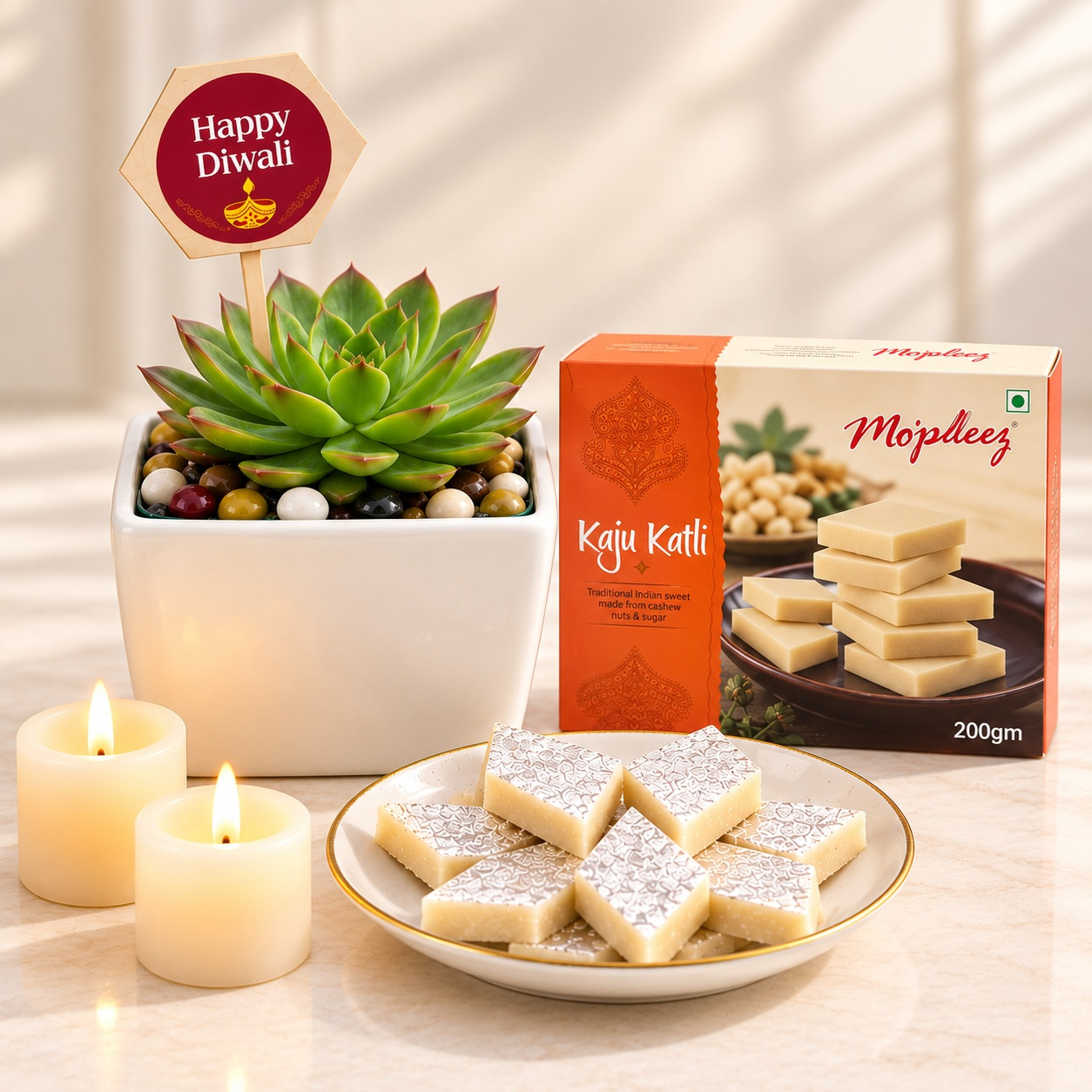 Festive Succulent Pot with Kaju Katli Sweets & Candles