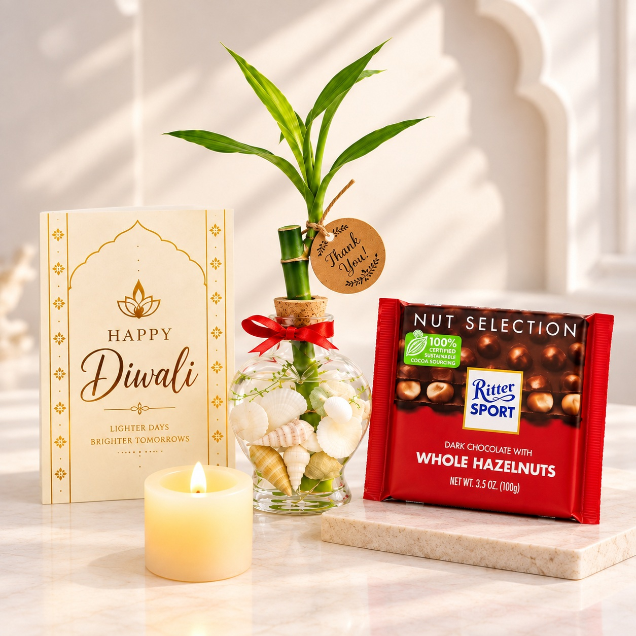 Lucky Bamboo Plant, Ritter Sport Chocolate & Card Gift Set