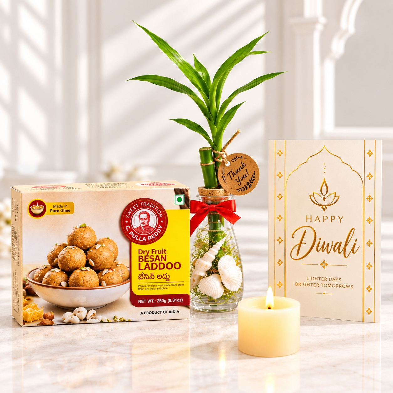 Lucky Bamboo Plant, Dry Fruit Besan Laddoo & Card Gift Set