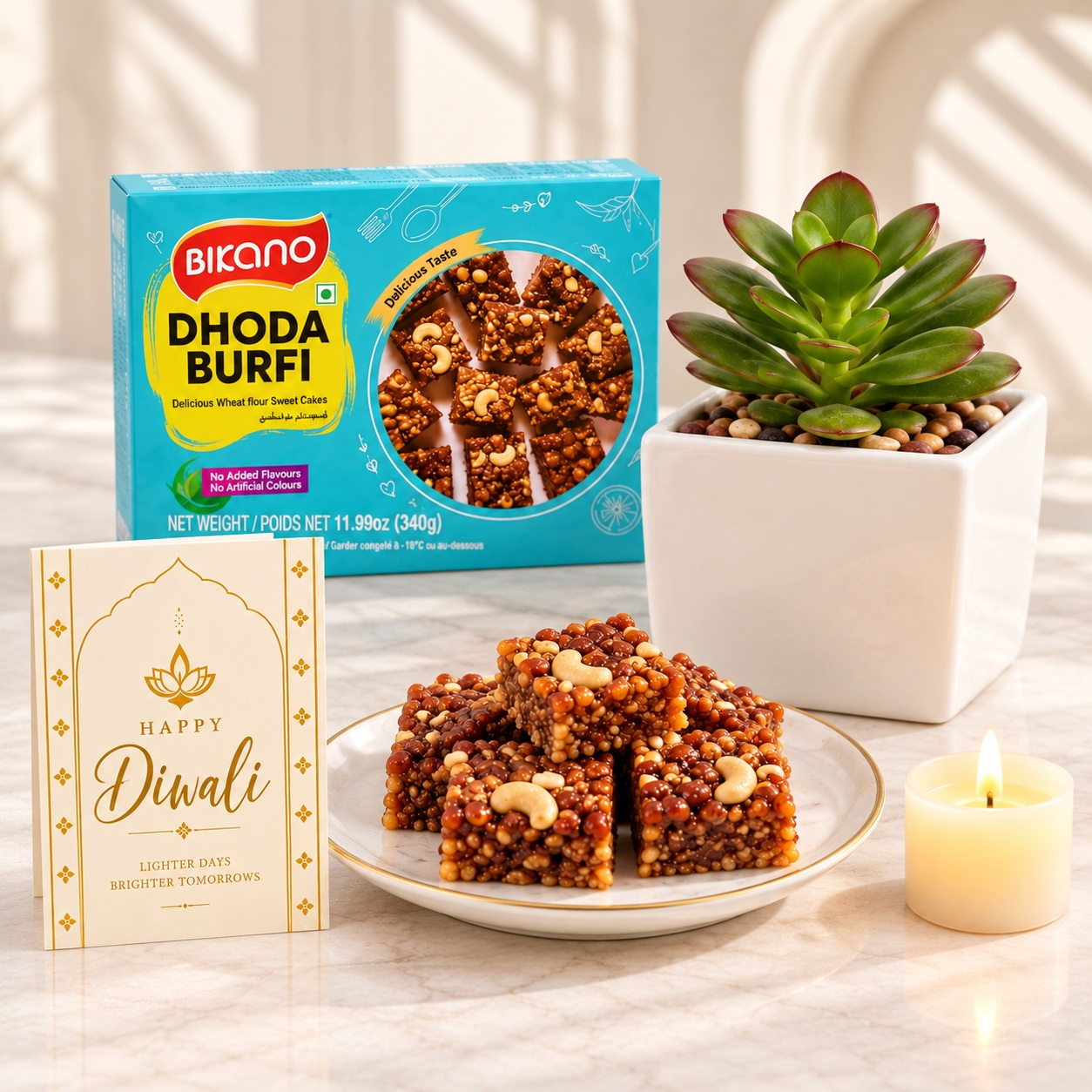 Festive Succulent Pot with Bikano Dhoda Barfi & Card