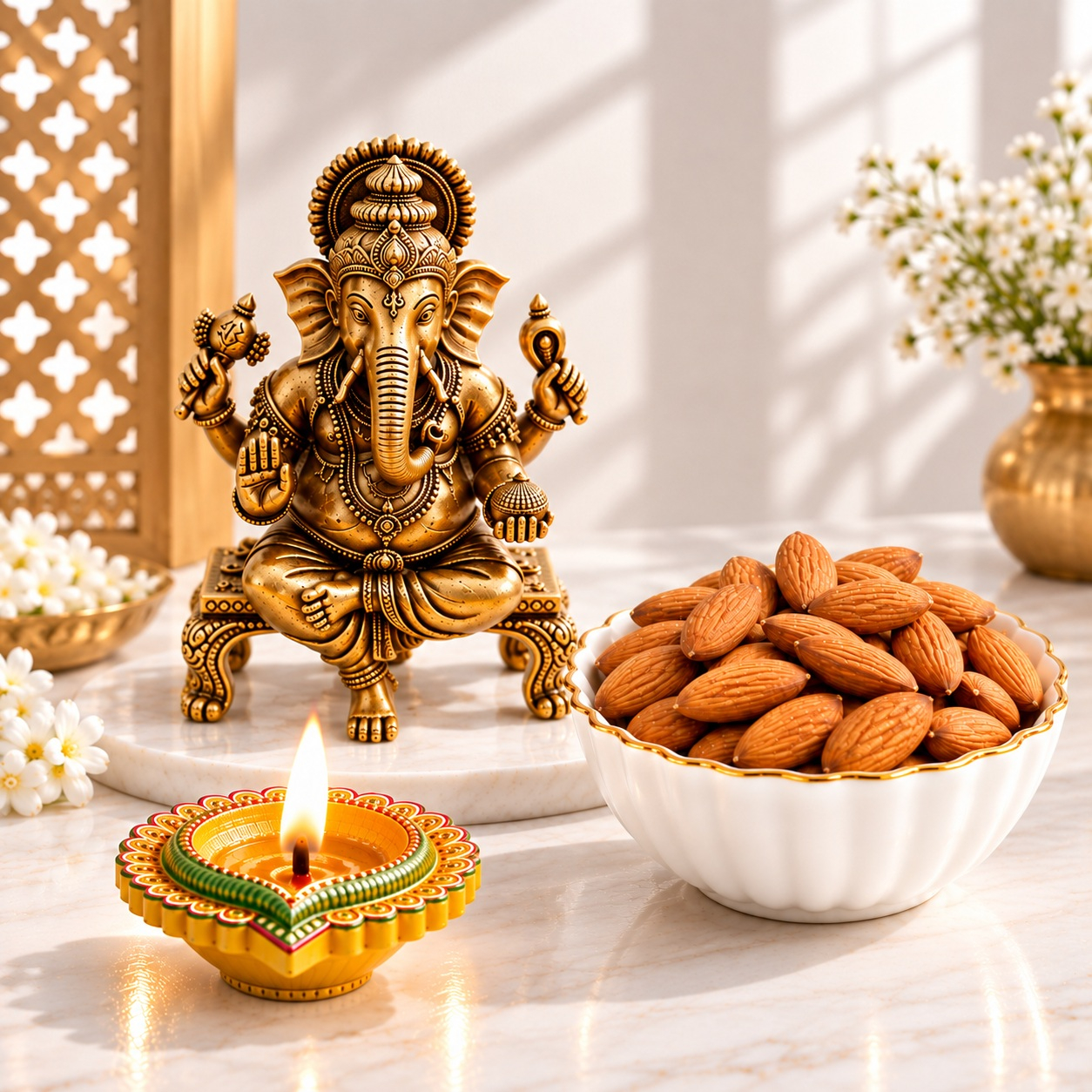 Diwali Brass Ganesha with Almonds & Designer Diya