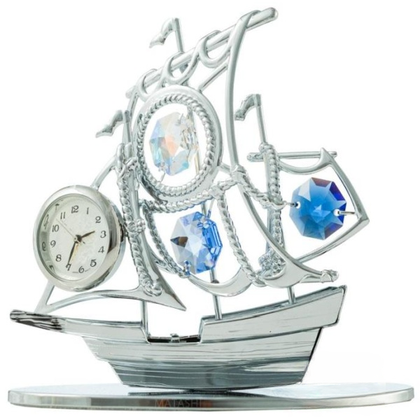 Chrome Plated Silver Sailboat Tabletop Ornament With Clock