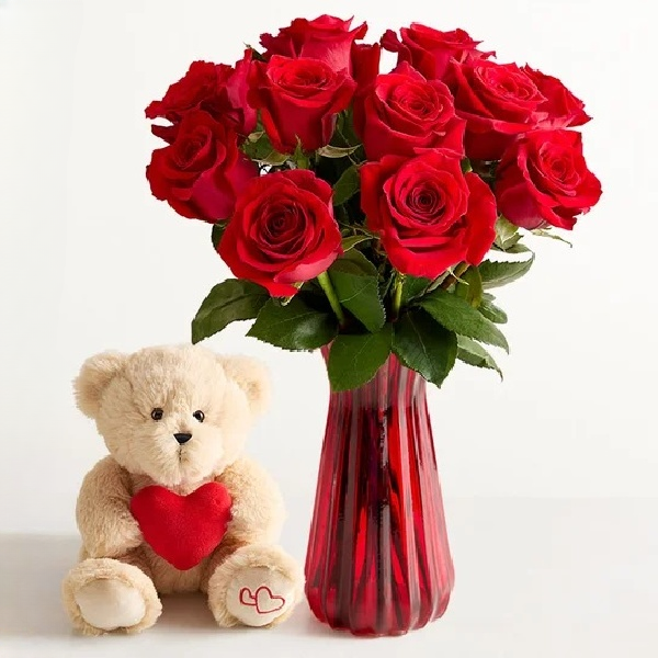 One Dozen Romantic Red Roses with Bear 