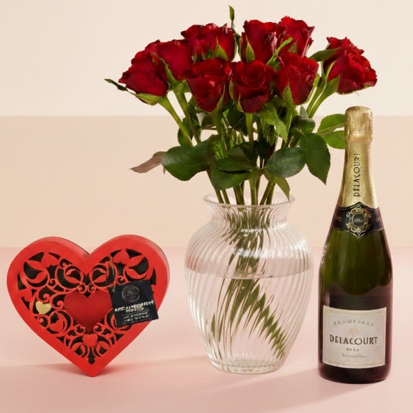 Dozen Red Rose Bouquet, Prosecco & Chocolate Bundle