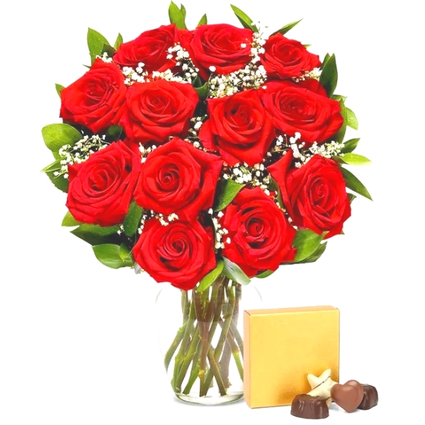 One Dozen Red Roses with Chocolates