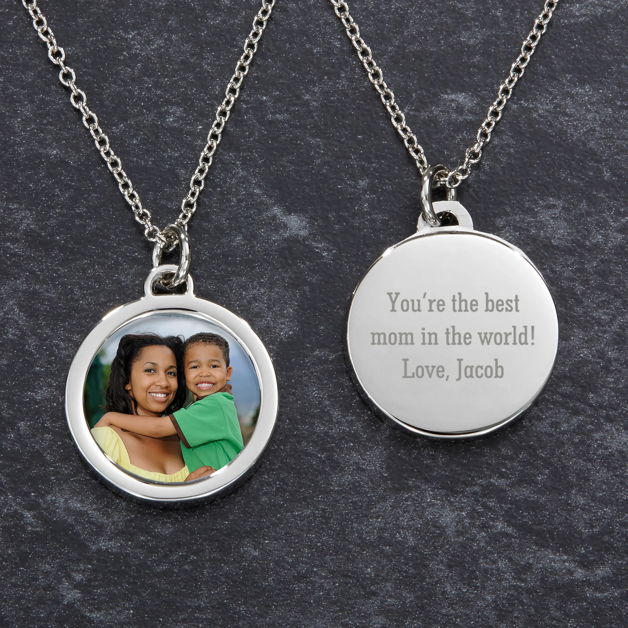 Engraved Round Photo Pendant Necklace