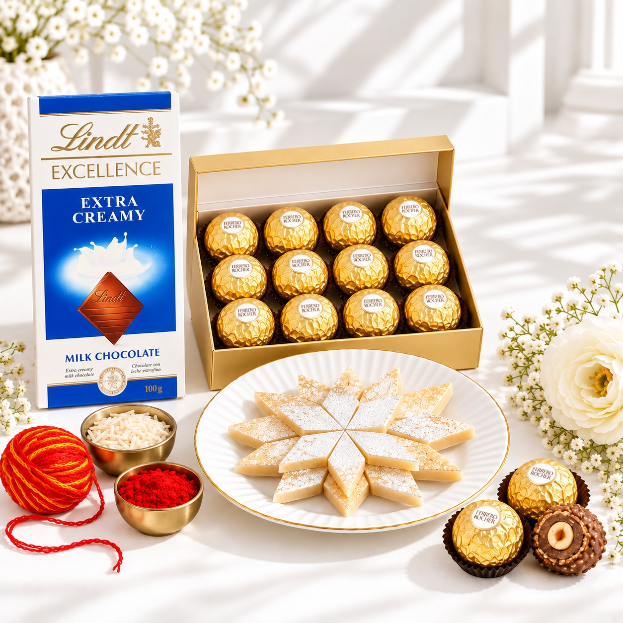 Luxury Diwali Sweets & Chocolates Gift Hamper with Lindt & Ferrero Rocher