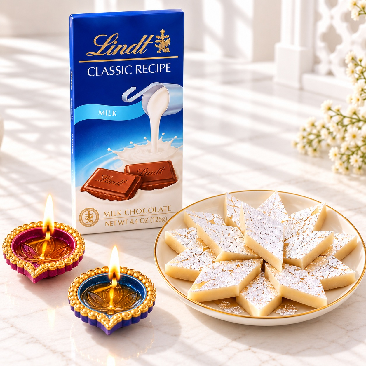 Festive Kaju Katli, Lindt Chocolate Bar & Diyas Gift Set