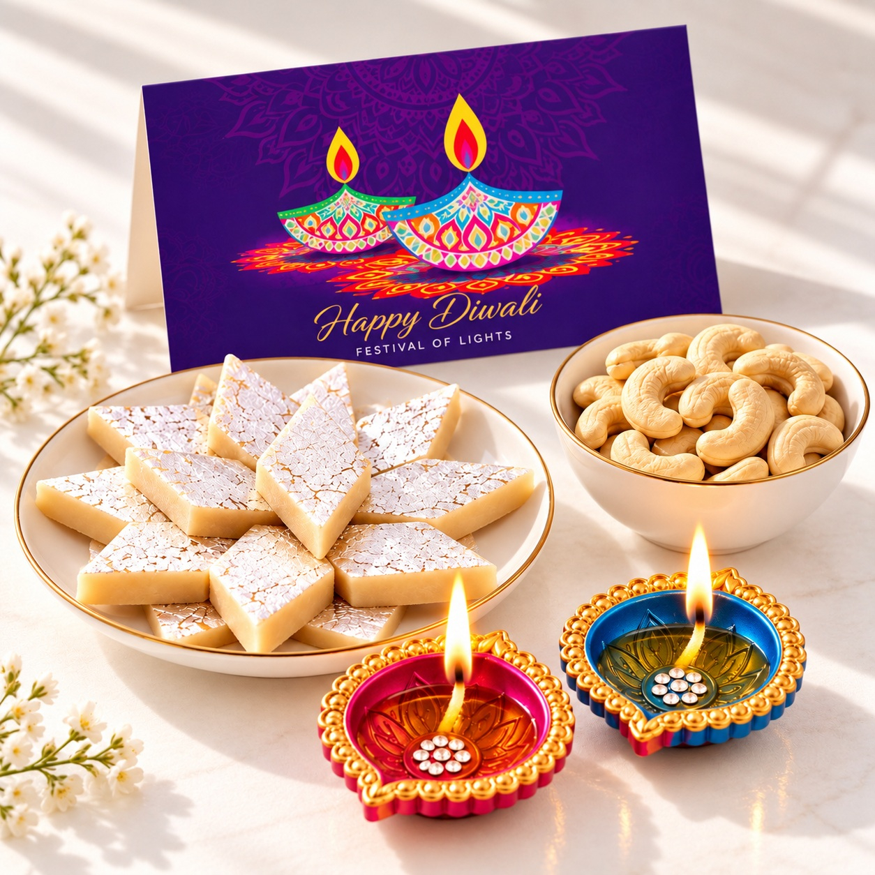 Kaju Katli, Cashew Nuts & Diyas Gift Festive Combo