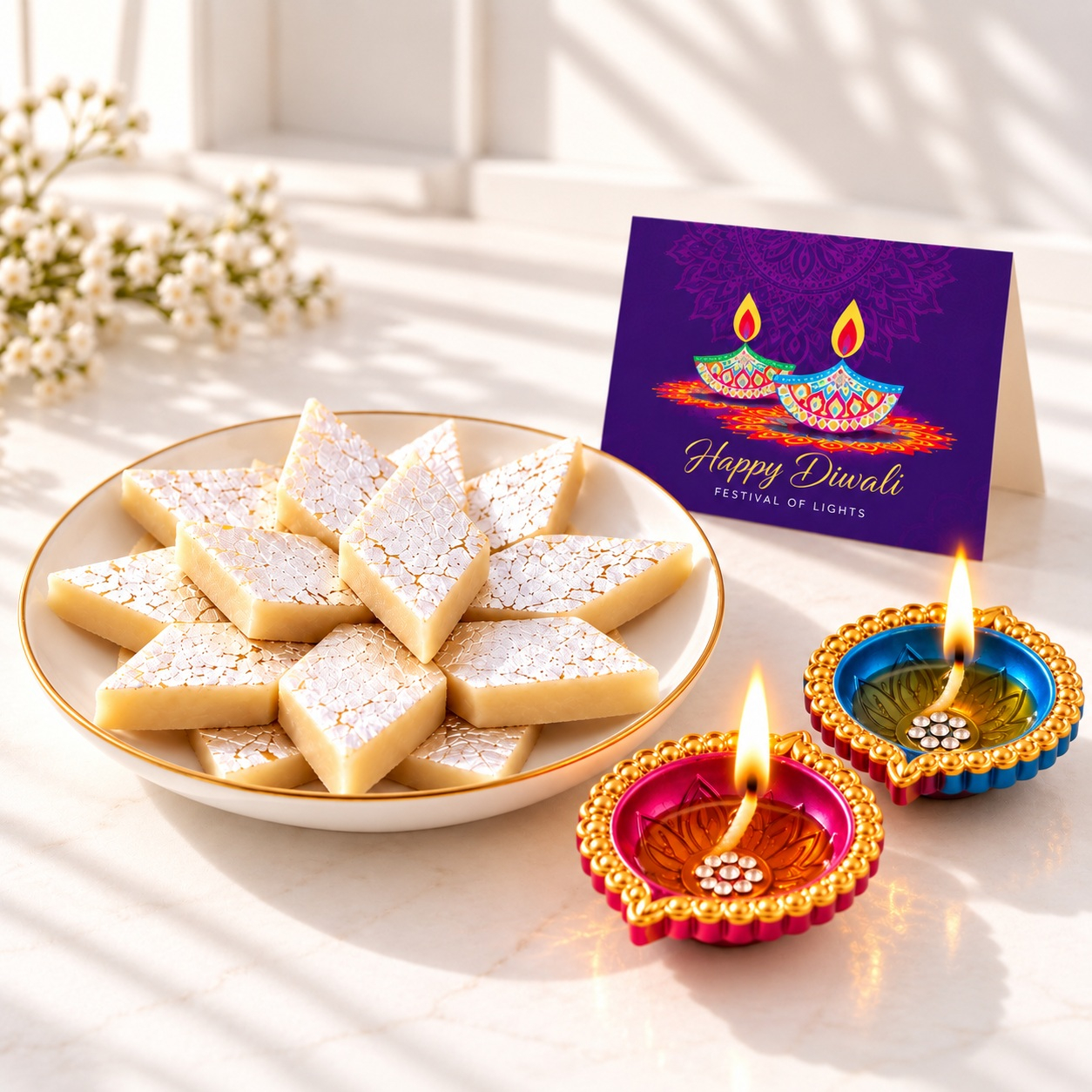 Festive Kaju Katli Platter with Diyas & Card