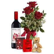 3 Red Roses and Red Wine Combo