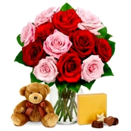 One Dozen Valentine Red & Pink Roses with and a Bear