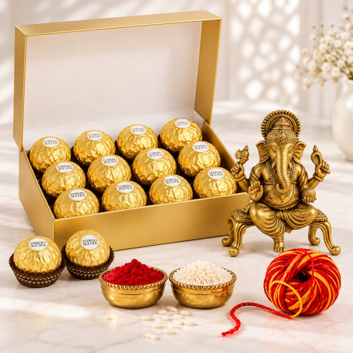 Luxury Golden Chocolate Box, Brass Ganesha & Traditional Ritual Set