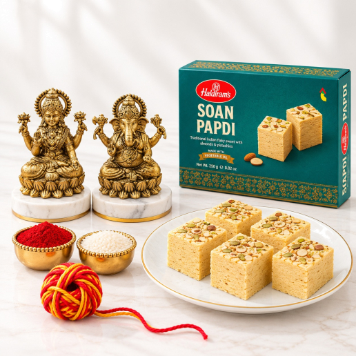 Haldiram Soan Papdi Box, Brass Lakshmi-Ganesha & Traditional Ritual Set