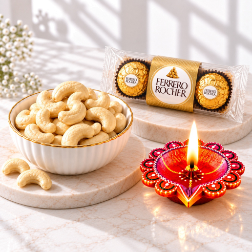 Cashew Bowl, Ferrero Rocher 3-Piece Pack & Decorative Diya Gift Set