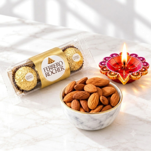 Almonds Bowl, Ferrero Rocher 3-Piece Pack & Decorative Diya Gift Set