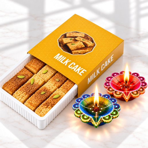 Milk Cake Box & Dual Decorative Diyas Festive Set