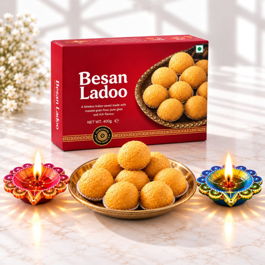 Besan Ladoo Box & Dual Decorative Diyas Festive Set