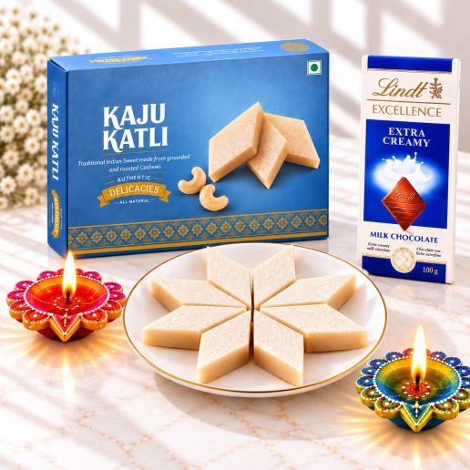Kaju Katli Box, Lindt Milk Chocolate & Decorative Diyas Festive Set