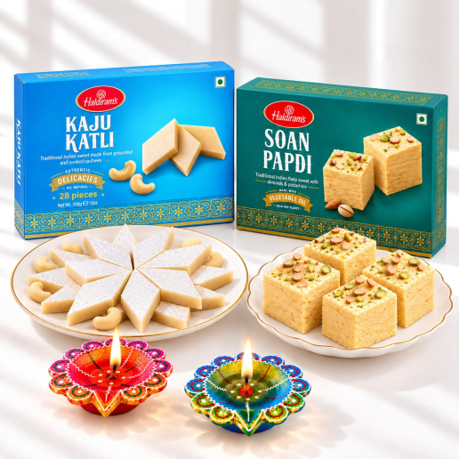 Kaju Katli, Soan Papdi & Painted Diya Combo