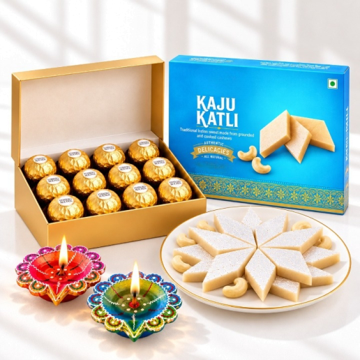 Kaju Katli Box, Golden Chocolate Assortment &  Decorative Diyas