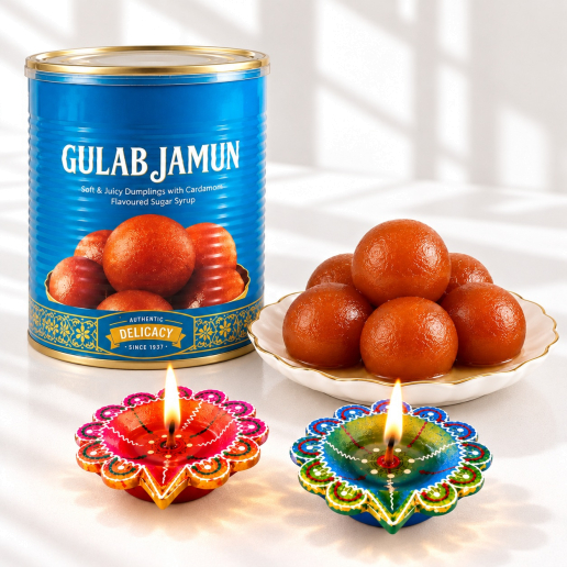Gulab Jamun Tin & Dual Decorative Diyas Festive Set