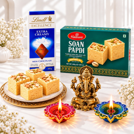 Soan Papdi Box, Lindt Milk Chocolate, Brass Ganesha & Dual Diyas Set