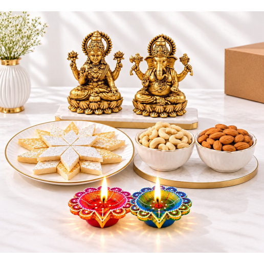 Brass Lakshmi & Ganesha Idols, Kaju Katli, Mixed Dry Fruits & Dual Diyas Set